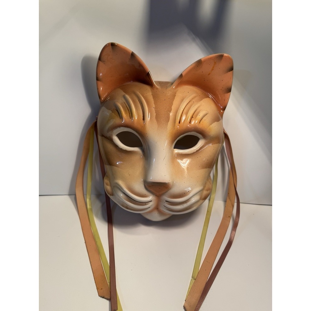 Vintage Art Signed by Catey Porcelain Cat Face Mask Wall Hanging Venetian Gatto